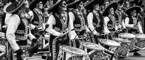 Parading drummers in Day of the Dead. journal of wild culture.com